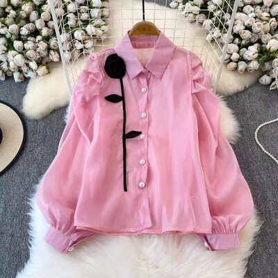 EWQ 3D Flower Patchwork édes női ing hajtóka gallér hosszú ujjú egysoros divatruházat 2024 őszi új 27X1150