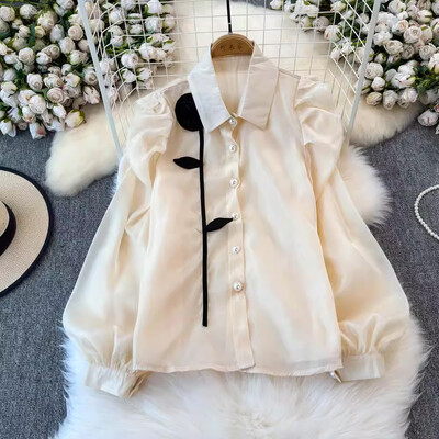 EWQ 3D Flower Patchwork édes női ing hajtóka gallér hosszú ujjú egysoros divatruházat 2024 őszi új 27X1150