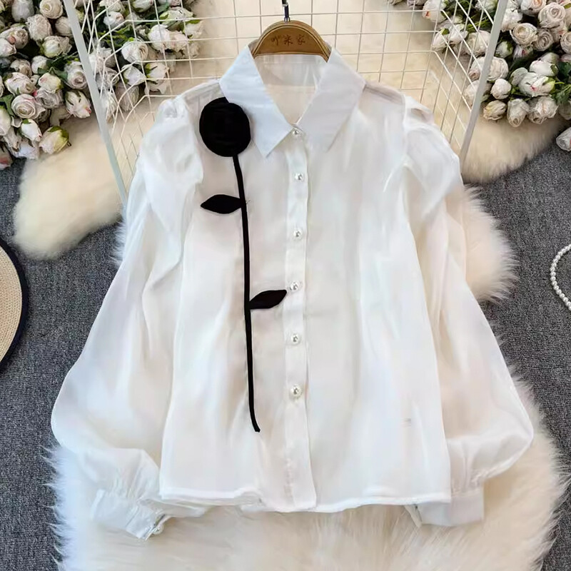 EWQ 3D Flower Patchwork édes női ing hajtóka gallér hosszú ujjú egysoros divatruházat 2024 őszi új 27X1150