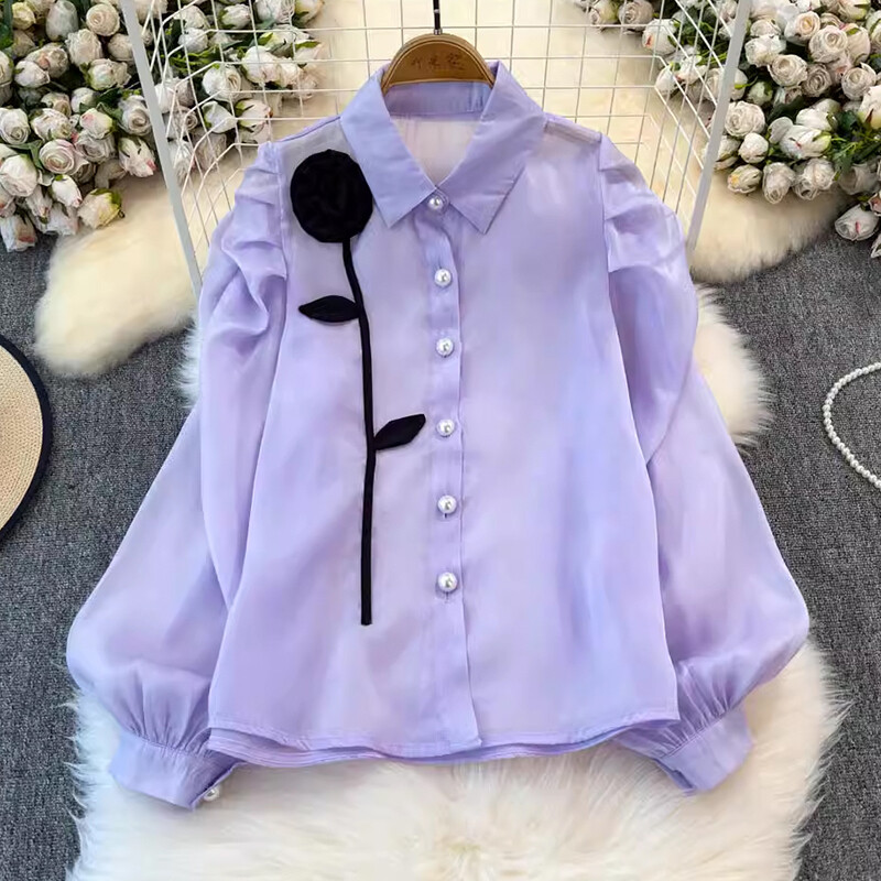 EWQ 3D Flower Patchwork édes női ing hajtóka gallér hosszú ujjú egysoros divatruházat 2024 őszi új 27X1150