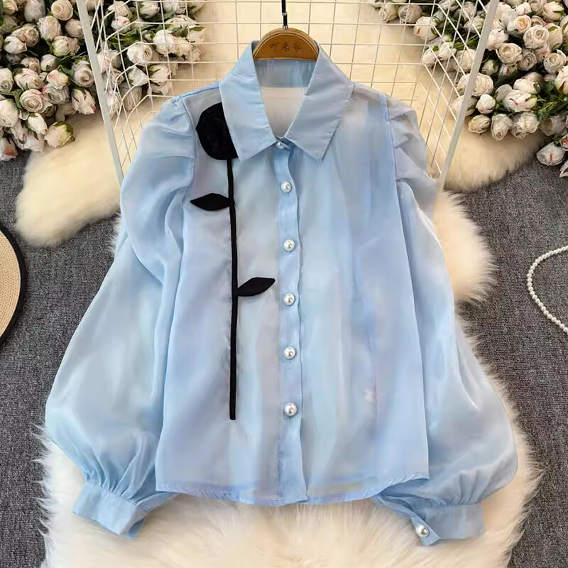 EWQ 3D Flower Patchwork édes női ing hajtóka gallér hosszú ujjú egysoros divatruházat 2024 őszi új 27X1150