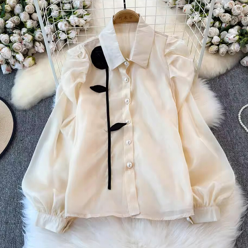 EWQ 3D Flower Patchwork édes női ing hajtóka gallér hosszú ujjú egysoros divatruházat 2024 őszi új 27X1150