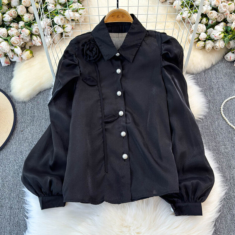 EWQ 3D Flower Patchwork édes női ing hajtóka gallér hosszú ujjú egysoros divatruházat 2024 őszi új 27X1150