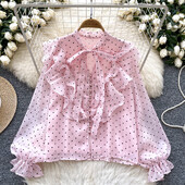 Vintage pillangó pólyás fodros alapok hosszú ujjú, elegáns pontmintás bő, egysoros felső francia High Street őszi blúz