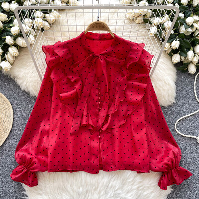 Vintage pillangó pólyás fodros alapok hosszú ujjú, elegáns pontmintás bő, egysoros felső francia High Street őszi blúz