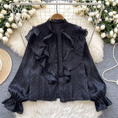 Vintage pillangó pólyás fodros alapok hosszú ujjú, elegáns pontmintás bő, egysoros felső francia High Street őszi blúz