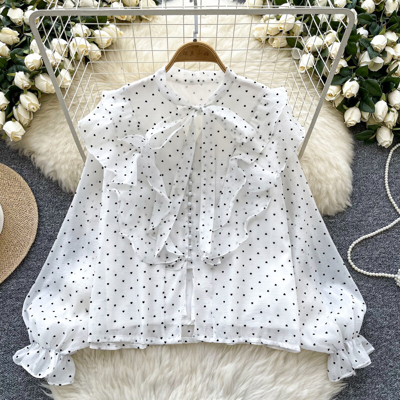 Vintage pillangó pólyás fodros alapok hosszú ujjú, elegáns pontmintás bő, egysoros felső francia High Street őszi blúz