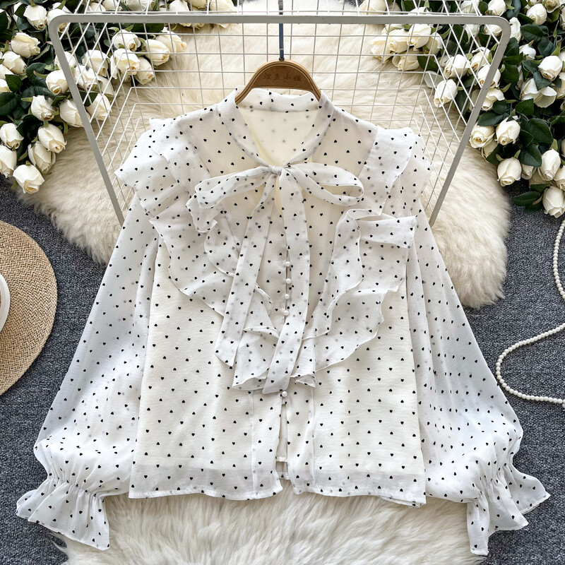 Vintage pillangó pólyás fodros alapok hosszú ujjú, elegáns pontmintás bő, egysoros felső francia High Street őszi blúz