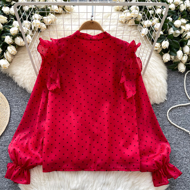 Vintage pillangó pólyás fodros alapok hosszú ujjú, elegáns pontmintás bő, egysoros felső francia High Street őszi blúz