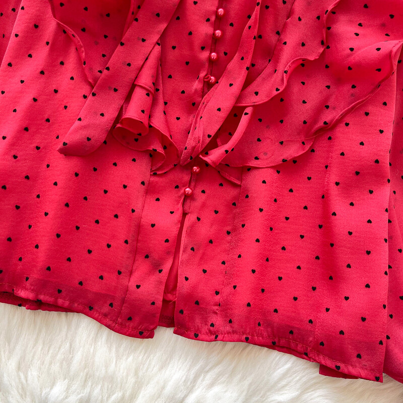 Vintage pillangó pólyás fodros alapok hosszú ujjú, elegáns pontmintás bő, egysoros felső francia High Street őszi blúz