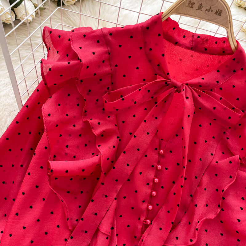 Vintage pillangó pólyás fodros alapok hosszú ujjú, elegáns pontmintás bő, egysoros felső francia High Street őszi blúz