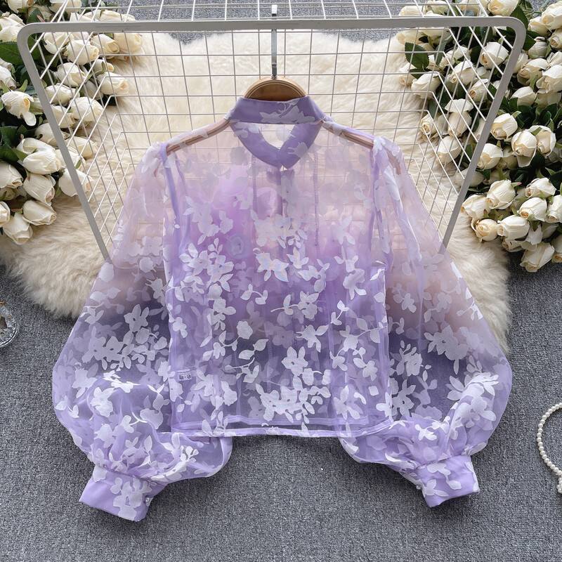 Elegáns, hálós háromdimenziós virágos puff hosszú ujjú bő felső Vintage koreai tündér Crop felső őszi női ruházat