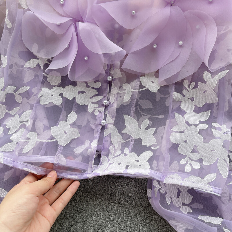 Elegáns, hálós háromdimenziós virágos puff hosszú ujjú bő felső Vintage koreai tündér Crop felső őszi női ruházat