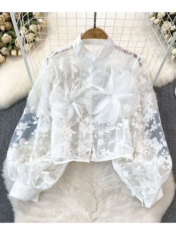 Női tavaszi nyári blúz háromdimenziós virágos lámpás hosszú ujjú álló galléros hálós ing divatos felső D5648