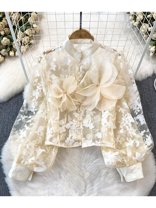 Női tavaszi nyári blúz háromdimenziós virágos lámpás hosszú ujjú álló galléros hálós ing divatos felső D5648