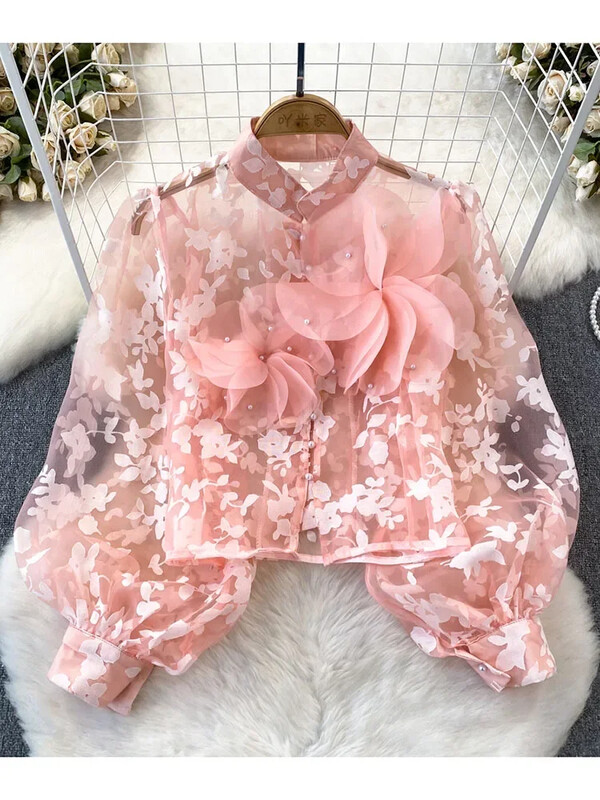 Női tavaszi nyári blúz háromdimenziós virágos lámpás hosszú ujjú álló galléros hálós ing divatos felső D5648