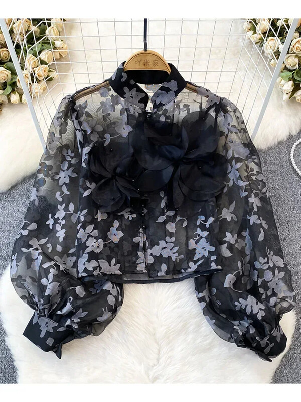 Női tavaszi nyári blúz háromdimenziós virágos lámpás hosszú ujjú álló galléros hálós ing divatos felső D5648