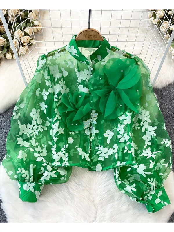 Női tavaszi nyári blúz háromdimenziós virágos lámpás hosszú ujjú álló galléros hálós ing divatos felső D5648