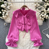 Elegáns, háromdimenziós virágos fodros V nyakú, puffos ujjú felső Vintage Fairy Crop felső őszi női ruházat