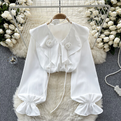 Elegáns, háromdimenziós virágos fodros V nyakú, puffos ujjú felső Vintage Fairy Crop felső őszi női ruházat