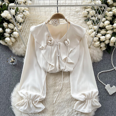 Elegáns, háromdimenziós virágos fodros V nyakú, puffos ujjú felső Vintage Fairy Crop felső őszi női ruházat