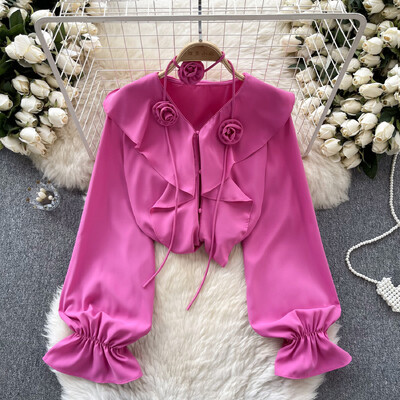 Elegáns, háromdimenziós virágos fodros V nyakú, puffos ujjú felső Vintage Fairy Crop felső őszi női ruházat