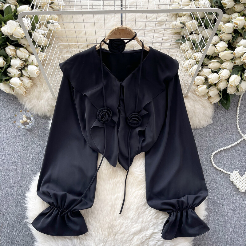 Elegáns, háromdimenziós virágos fodros V nyakú, puffos ujjú felső Vintage Fairy Crop felső őszi női ruházat