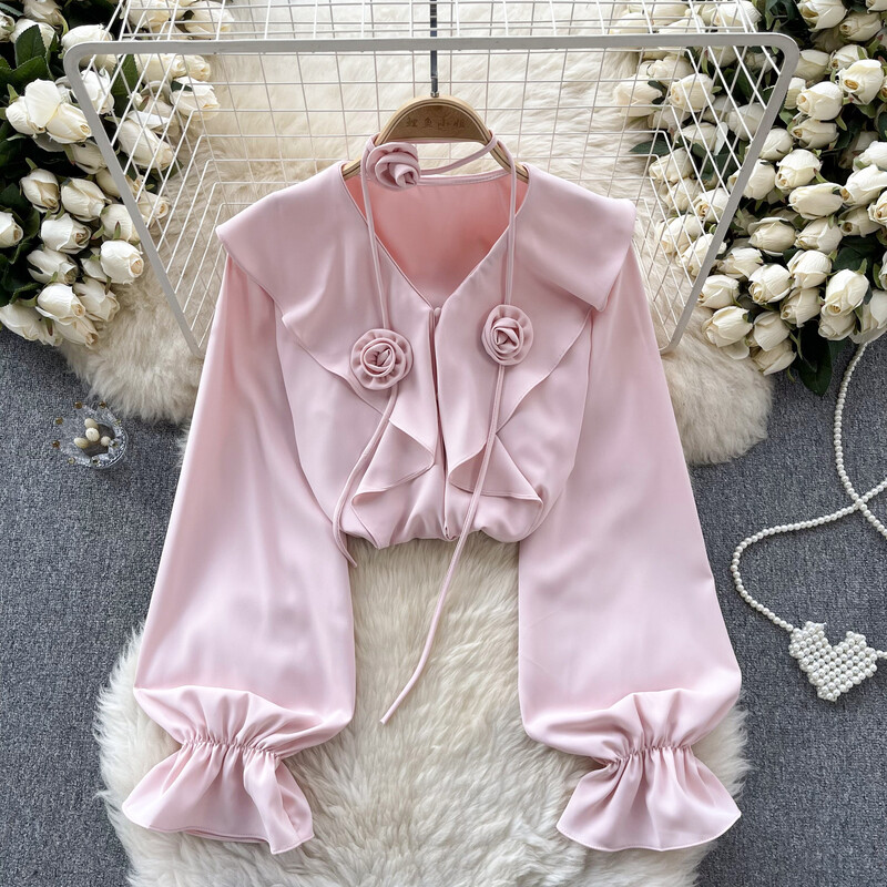 Elegáns, háromdimenziós virágos fodros V nyakú, puffos ujjú felső Vintage Fairy Crop felső őszi női ruházat