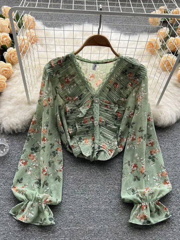 Női francia, retro csipke V-nyakú virágos temperamentum koreai változat, bő, összeszedhető redős fodros blúz felsők Női D0753