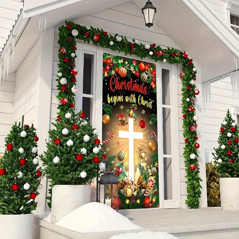 Ziemassvētku krusts Reliģiskās durvis Dekorēts Reklāmkarogs Ziemassvētku Sākums Kristus Veranda zīme Fotoattēla fona fons