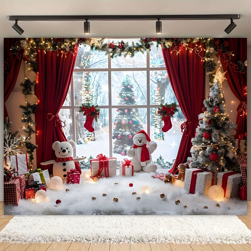 Vibrant Winter Wonderland Crăciun fundal fotografie - Oameni de zăpadă, pomi de Crăciun și scene rurale cu ferestre ale petrecerilor de vacanță