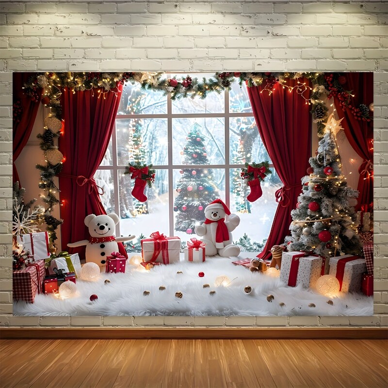 Vibrant Winter Wonderland Crăciun fundal fotografie - Oameni de zăpadă, pomi de Crăciun și scene rurale cu ferestre ale petrecerilor de vacanță