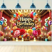 Elegáns Boldog születésnapot transzparensek, színes virágok és léggömbök, tökéletesek parti dekorációhoz és fényképes hátterekhez