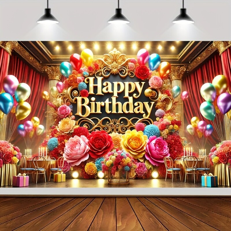 Elegáns Boldog születésnapot transzparensek, színes virágok és léggömbök, tökéletesek parti dekorációhoz és fényképes hátterekhez