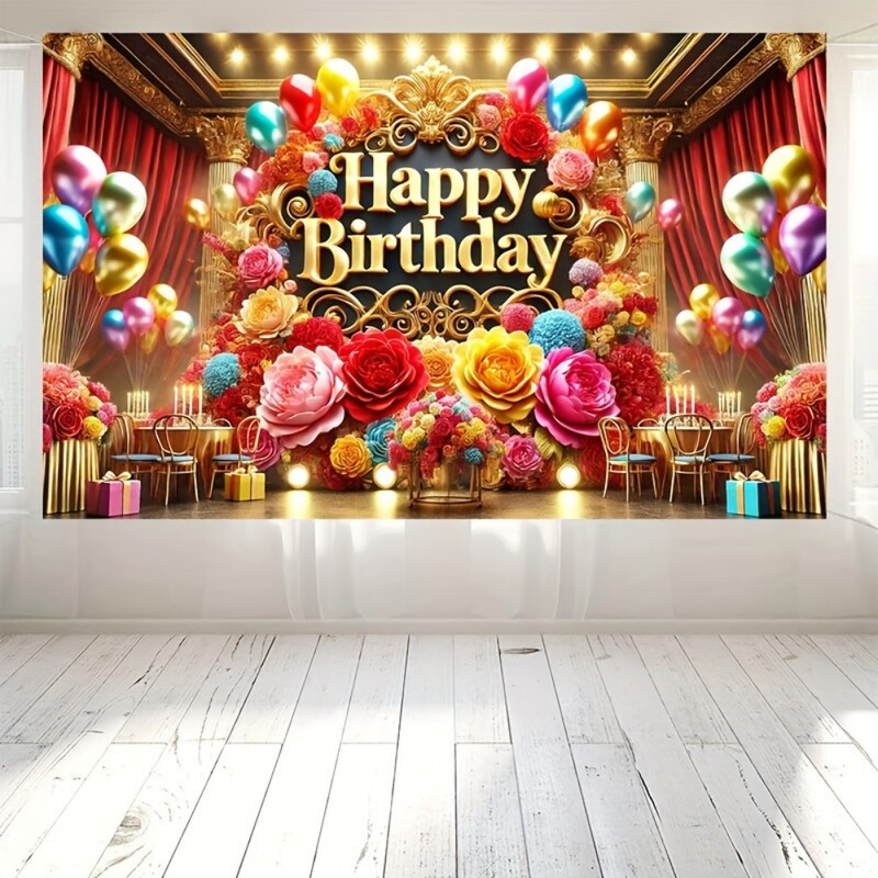 Elegáns Boldog születésnapot transzparensek, színes virágok és léggömbök, tökéletesek parti dekorációhoz és fényképes hátterekhez