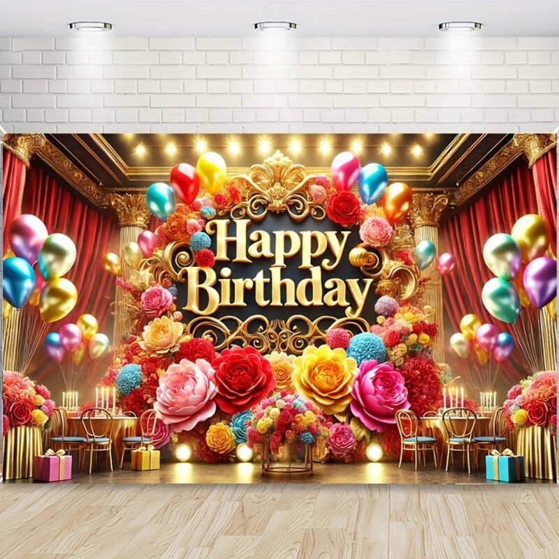 Elegáns Boldog születésnapot transzparensek, színes virágok és léggömbök, tökéletesek parti dekorációhoz és fényképes hátterekhez