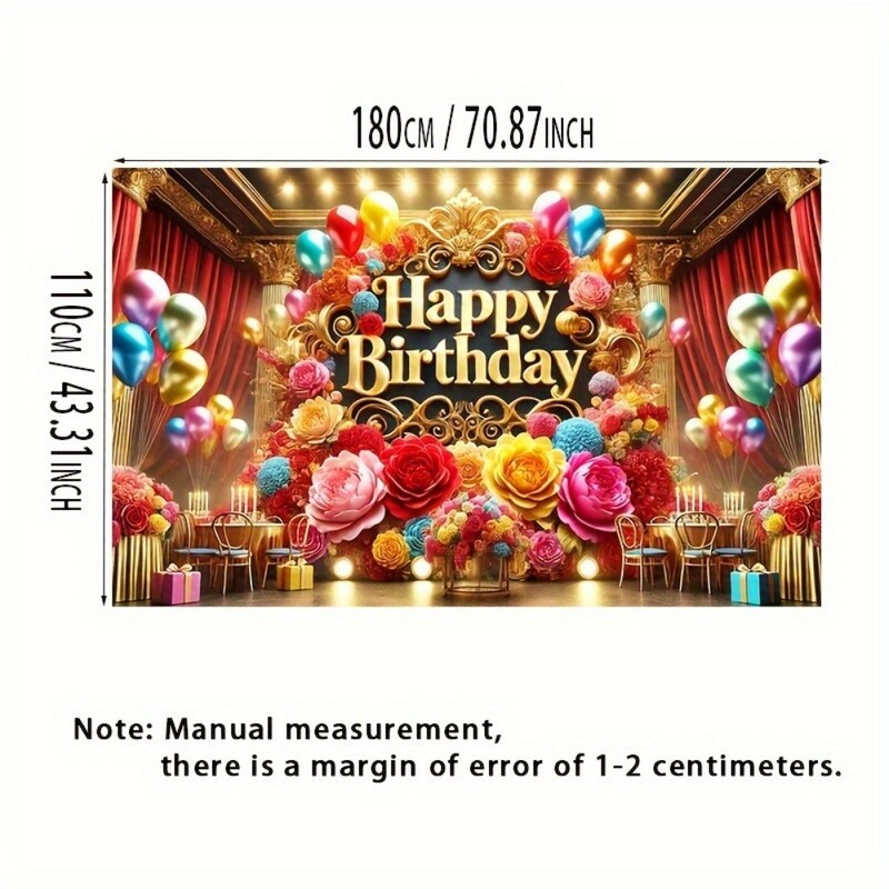 Elegáns Boldog születésnapot transzparensek, színes virágok és léggömbök, tökéletesek parti dekorációhoz és fényképes hátterekhez