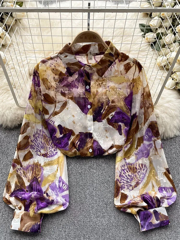 Női tavaszi őszi ing Új francia elegáns vékony stílus perspektivikus nyomott ing bő, sokoldalú, karcsú, stílusos felsőt mutat D5712