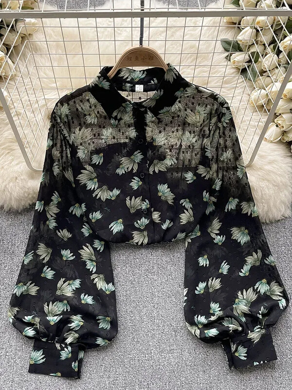 Női tavaszi őszi ing Új francia elegáns vékony stílus perspektivikus nyomott ing bő, sokoldalú, karcsú, stílusos felsőt mutat D5712