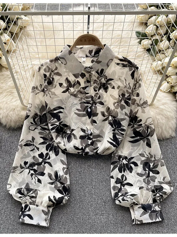 Női tavaszi őszi ing Új francia elegáns vékony stílus perspektivikus nyomott ing bő, sokoldalú, karcsú, stílusos felsőt mutat D5712