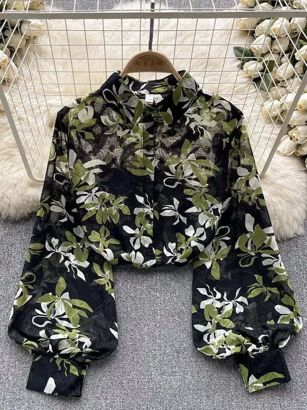 Női tavaszi őszi ing Új francia elegáns vékony stílus perspektivikus nyomott ing bő, sokoldalú, karcsú, stílusos felsőt mutat D5712