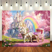 Fairytale Princess Castle fényképezési háttér - kerti transzparens fehér lovaskocsival, rózsaszín cseresznyevirággal és szivárvánnyal