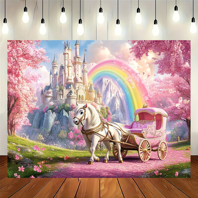 Fairytale Princess Castle fényképezési háttér - kerti transzparens fehér lovaskocsival, rózsaszín cseresznyevirággal és szivárvánnyal