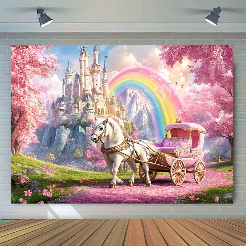 Fairytale Princess Castle fényképezési háttér - kerti transzparens fehér lovaskocsival, rózsaszín cseresznyevirággal és szivárvánnyal