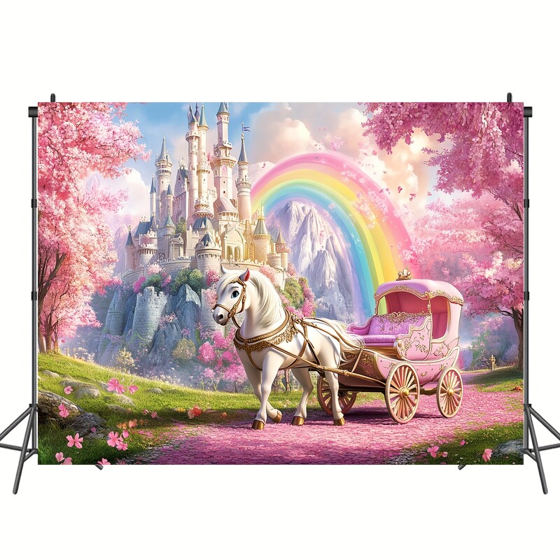 Fairytale Princess Castle fényképezési háttér - kerti transzparens fehér lovaskocsival, rózsaszín cseresznyevirággal és szivárvánnyal