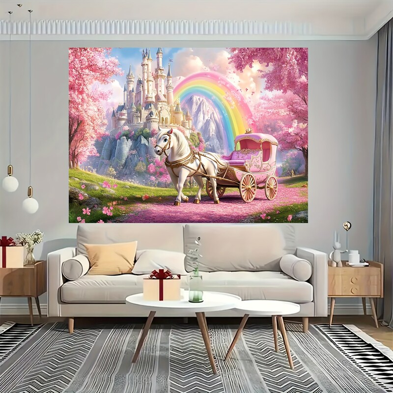 Fairytale Princess Castle fényképezési háttér - kerti transzparens fehér lovaskocsival, rózsaszín cseresznyevirággal és szivárvánnyal