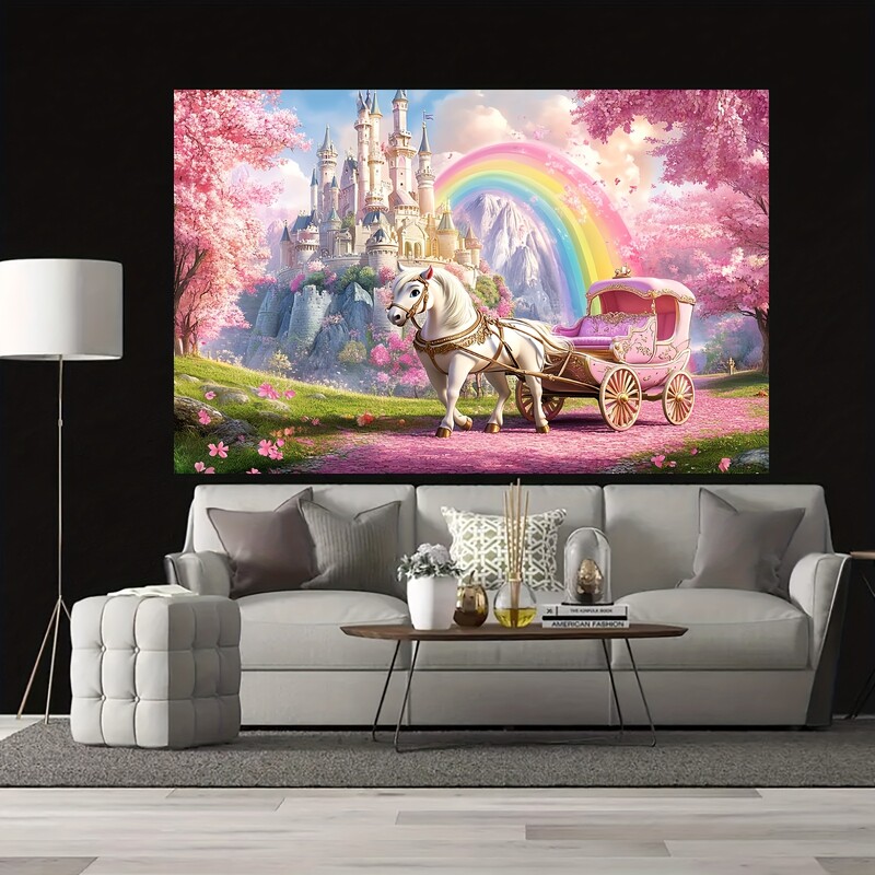 Fairytale Princess Castle fényképezési háttér - kerti transzparens fehér lovaskocsival, rózsaszín cseresznyevirággal és szivárvánnyal