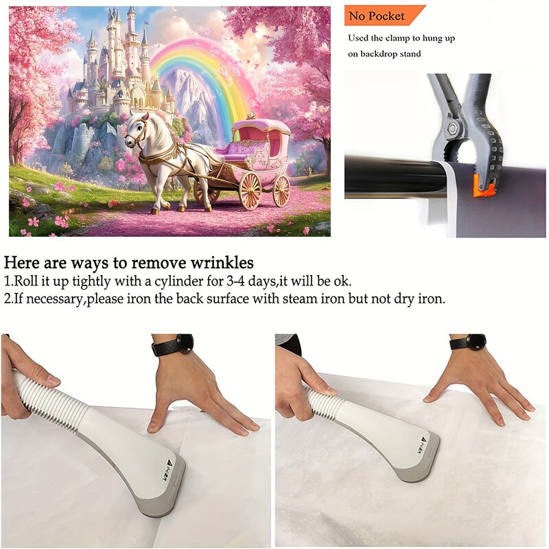 Fairytale Princess Castle fényképezési háttér - kerti transzparens fehér lovaskocsival, rózsaszín cseresznyevirággal és szivárvánnyal