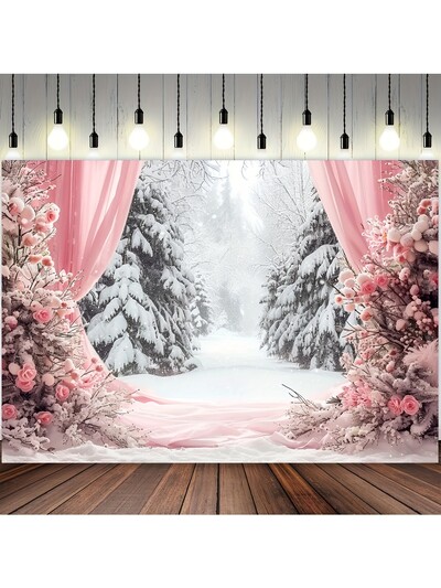 Fundal vibrant de Winter Wonderland - scene de pădure de zăpadă din poliester cu perdele roz, sărbători, zile de naștere, nunți