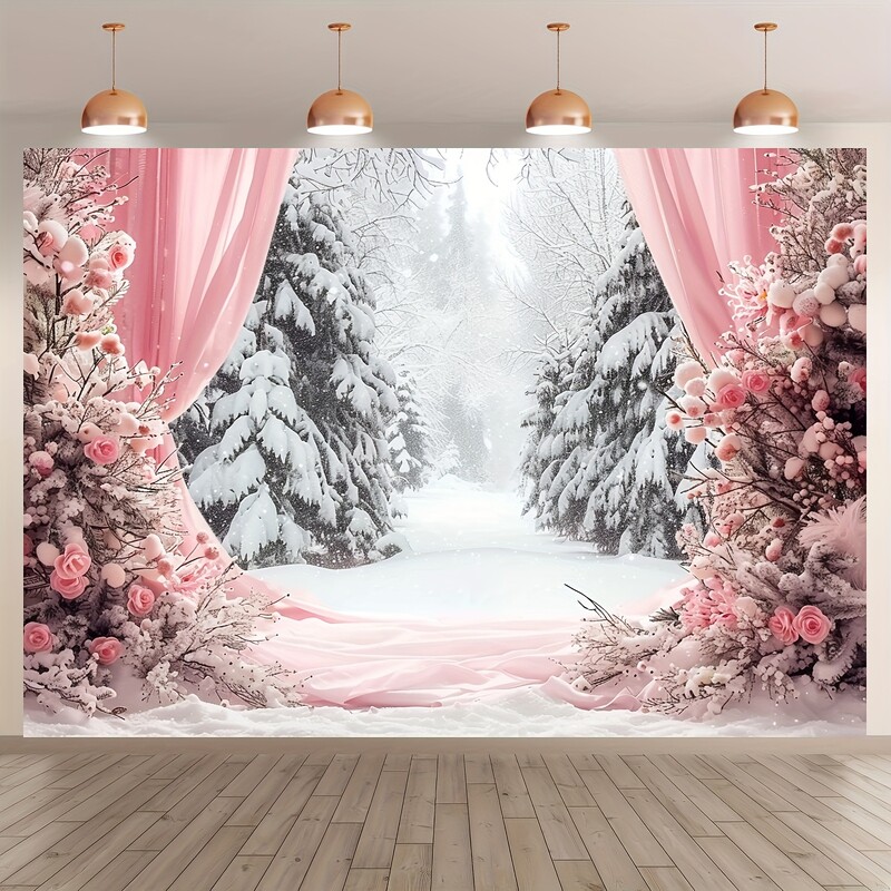 Fundal vibrant de Winter Wonderland - scene de pădure de zăpadă din poliester cu perdele roz, sărbători, zile de naștere, nunți